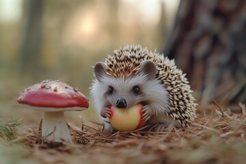A hedgehog enjoying a snack of apple next to a mushroom