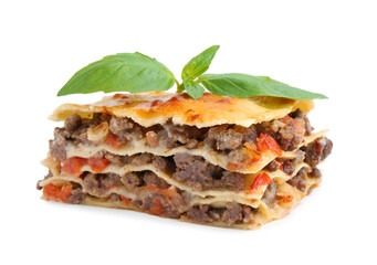 Delicious cooked lasagna with basil isolated on white