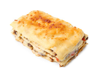 Delicious cooked lasagna isolated on white. Italian cuisine