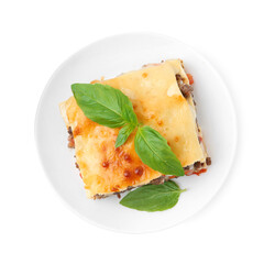 Delicious cooked lasagna with basil isolated on white, top view