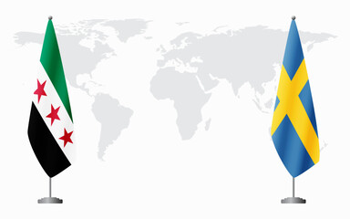 Syrian Revolution and Sweden flags for official meeting against background of world map.