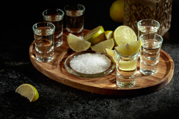 Gold tequila with salt and lime slices.