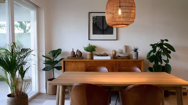 Stylish dining room with a nature-inspired theme, wooden table, green chairs, and leaf prints.