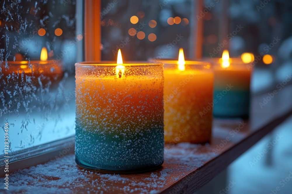 Poster a row of candles burning brightly on a windowsill