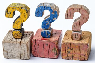Three wooden blocks featuring question mark symbols, useful for educational or creative projects