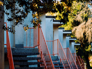 Campus houses Zlatne stijene with stairs and railings. Holiday resort apartments for tourists near...