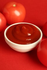 Ketchup in bowl and fresh tomatoes on red background, closeup