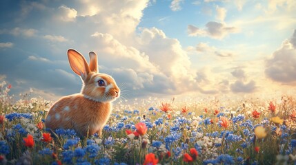 Adorable bunny rabbit in vibrant wildflowers at sunset.