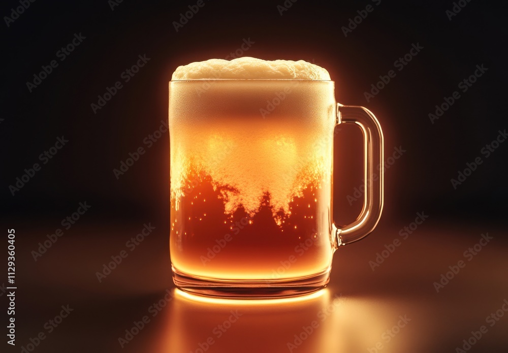 Poster sparkling cold beer in a frosted glass mug against a black background with foam on top and bubbles r