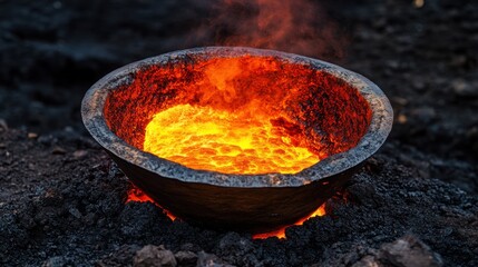 Glowing molten metal rising, intense radiant heat, dynamic liquid motion, sparks and steam effects, molten texture, industrial dark backdrop