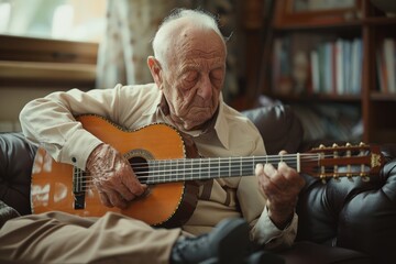 Fototapeta premium A senior man sitting on a couch playing a guitar, with a warm and cozy atmosphere