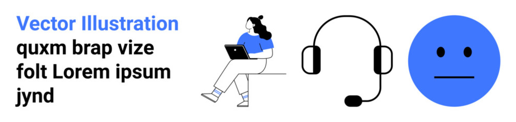 Laptop user seated on stool with headphones and blue minimal face icon. Ideal for remote work, communication, technology, customer support, minimalist design, modern lifestyle, workspace. Landing