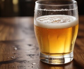 Close-up of a cold beer in a glass with condensation droplets, placed on a polished wooden surface, cold, foam