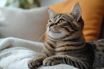 Naklejka premium A domestic cat lying on a clean white blanket