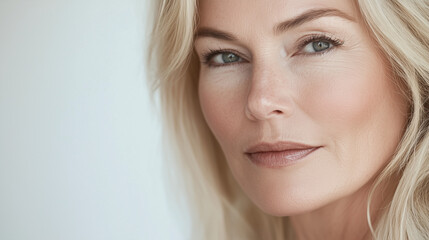 Naklejka premium Close-Up Portrait of a Blonde Woman in Her 50s with Radiant Skin