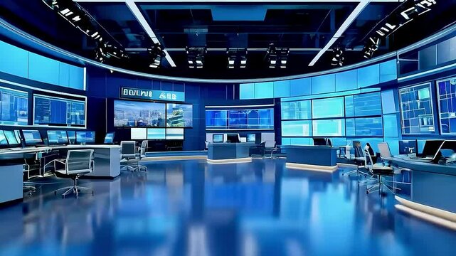 a TV studio with a blue floor