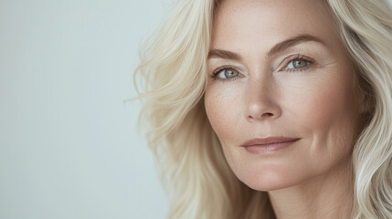 Fototapeta premium Close-Up Portrait of a Blonde Woman in Her 50s with Radiant Skin