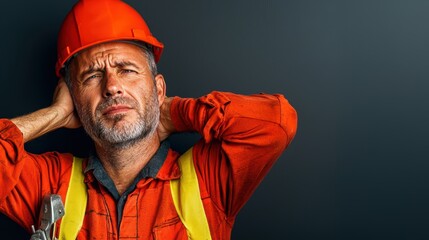 Construction worker with strained neck urban site portrait professional environment focused view health impact awareness