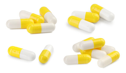 Antibiotic pills isolated on white, set. Medication