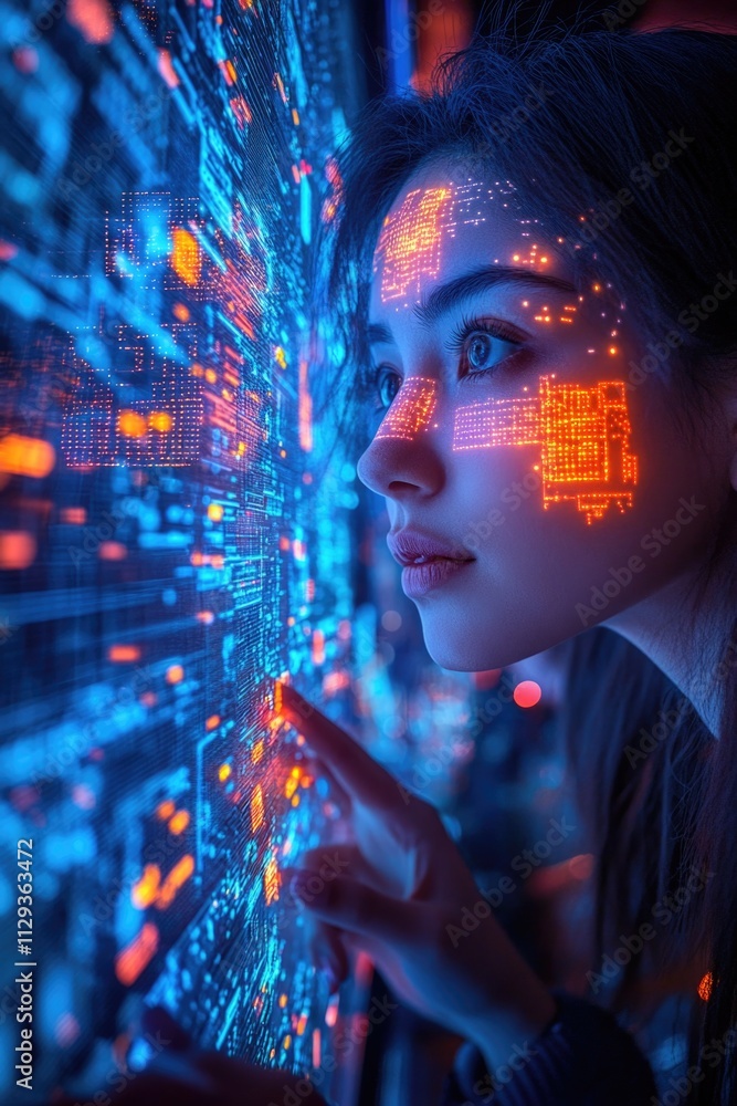 Poster a person looks at a computer monitor with a thoughtful expression