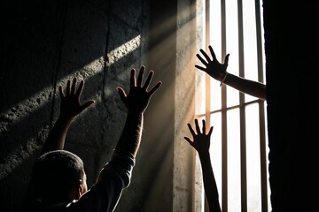 Raised hands reaching towards light through prison bars. Human Trafficking Awareness Day. Highlights the need to combat exploitation concept. Ideal for activism and social campaigns