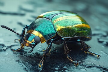 Naklejka premium A vibrant insect perches on a damp surface, offering a close-up view