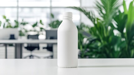 reusable water bottle placed on clean white desk with blurred office equipment and green plants in background