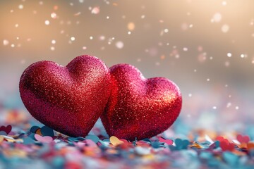 Obraz premium Two red hearts sit on top of a pile of colorful confetti, perfect for romantic celebrations or Valentine's Day