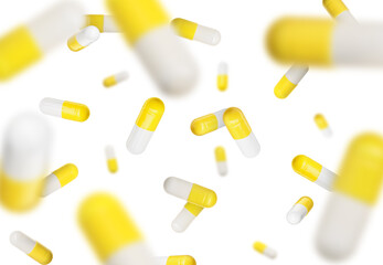 Antibiotic pills in air on white background