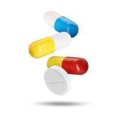 Antibiotic pills in air on white background