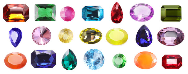 Many different shiny gemstones on white background, set
