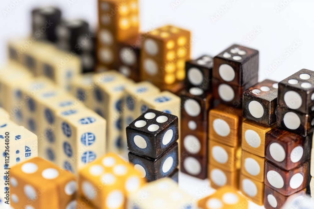 Poster a close-up shot of a bunch of dice sitting on a table, great for use in scenarios where dice are bei