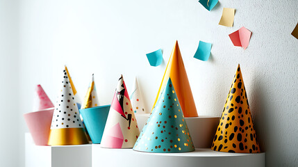 Obraz premium A collection of party hats with different colors and designs