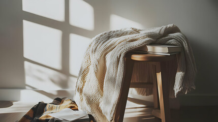 Sweater Mockup - A cozy scene featuring a knitted blanket draped over a stool in soft, natural light.