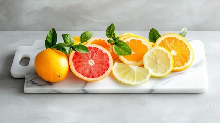 Colorful arrangement of sliced citrus fruits including orange, lemon, and grapefruit on marble cutting board.