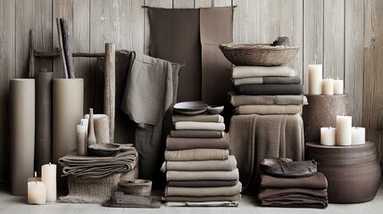 Cozy Rustic Textiles and Candle Decor in Earthy Tones Against Wood Background