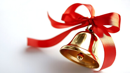 A red bell with a gold cord is hanging from a red ribbon