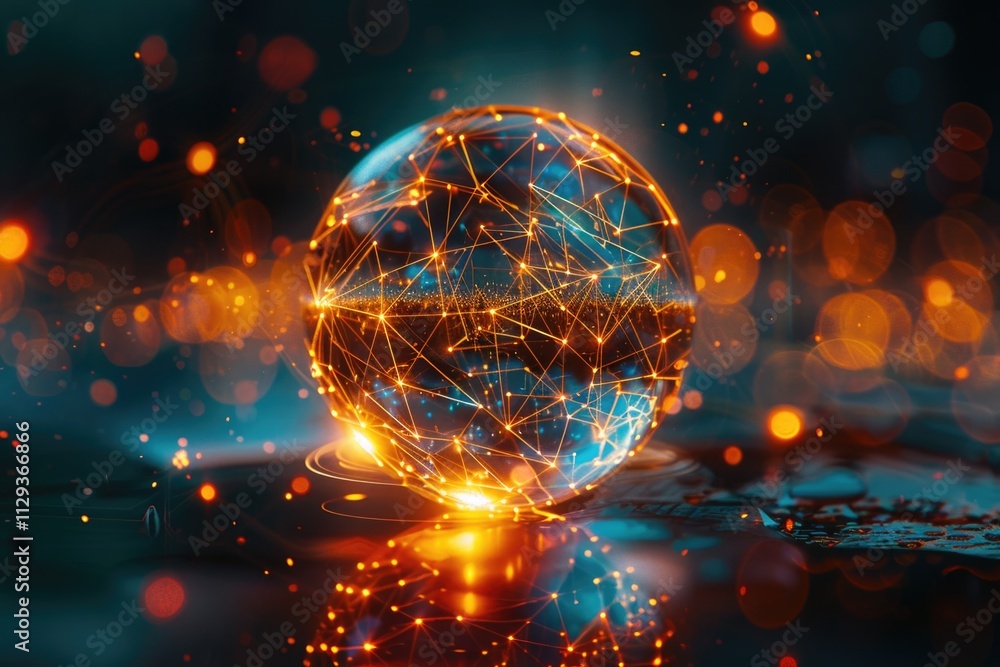 Poster illuminated sphere with geometric patterns, useful for technology, science and innovation concepts