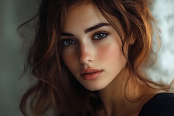 Fototapeta premium Woman Headshot Light Brown Wavy Hair Natural Makeup Rosy Cheeks