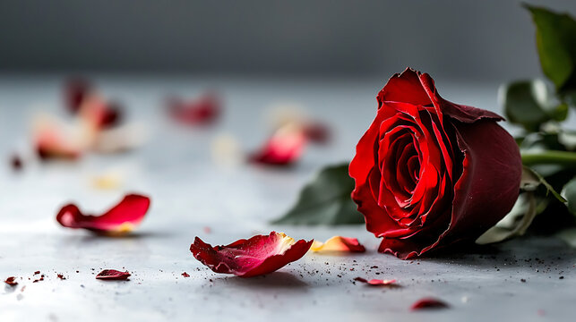 A red rose with a few petals scattered around it