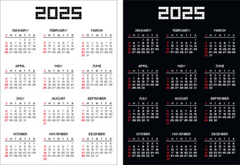 One page pixel calendar template 2025 on white and black background. Pixelated wall or desk business calendar in retro 8 bit style