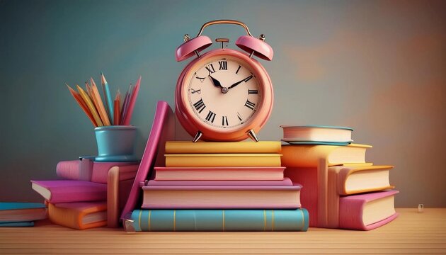 An alarm clock on top of stacked books over wooden table