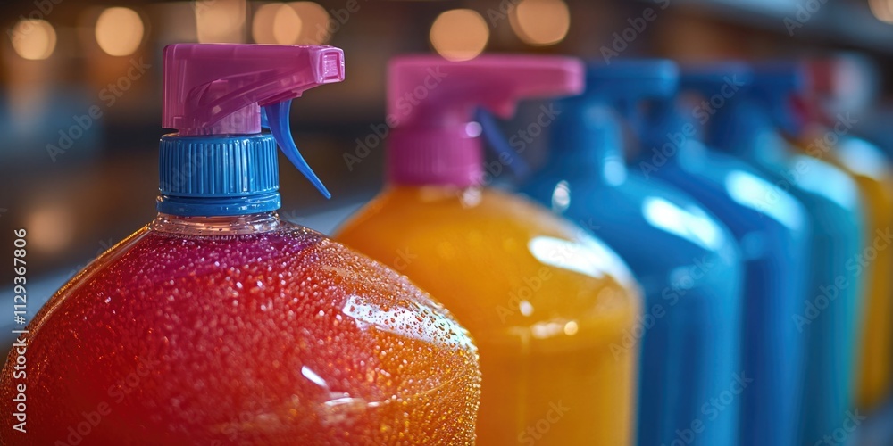 Poster a collection of glass bottles filled with variously colored liquids, suitable for use in science or 