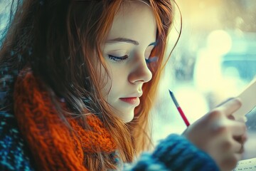 Obraz premium Young Woman in Cozy Scarf Writing by Window on a Winter Day