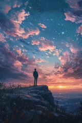 Fototapeta premium Solitary figure, sunset, clifftop, colorful sky, stars.