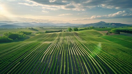 Fototapeta premium Aerial view captures the mesmerizing patterns of cultivated fields stretching across the tuscan landscape. Bathed in the warm glow of the setting sun. Creating a picturesque scene of rural beauty