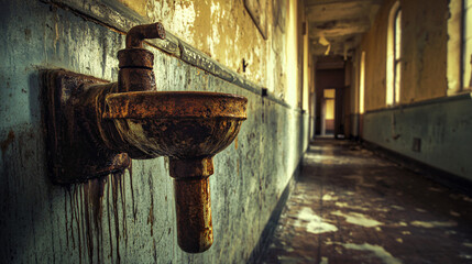 A rusty drinking fountain in a dimly lit school corridor, with water stains streaking down the wall.