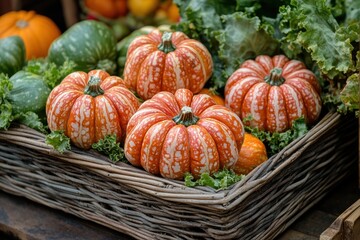 Colorful arrangement of unique turban squash in rustic basket for autumn display and harvest decoration