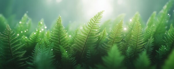 Misty Forest Morning With Shimmering Dew on Ferns, Generative AI