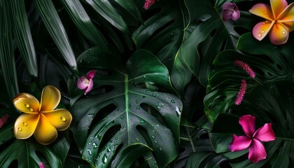 Obraz premium variety of Leaf ferns, flowers and vines. Tropical leaves with colorful flower with tiny water droplets over a dark tropical foliage nature background